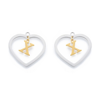 201 Stainless Steel Pendants, Hollow, Heart with Letter A~Z, Real Gold Plated & Stainless Steel Color, Letter.X, 29x29.5x1mm, Hole: 2mm, A~Z: 12x8~10.5x1mm