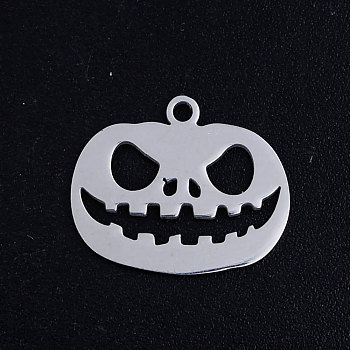 201 Stainless Steel Charms, For Halloween, Pumpkin Jack-O'-Lantern Jack-o-Lantern, Stainless Steel Color, 14.5x17.5x1mm, Hole: 1.5mm