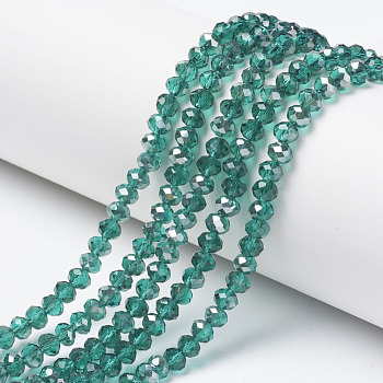 Electroplate Transparent Glass Beads Strands, Half Gray Plated, Faceted, Rondelle, Light Sea Green, 6x5mm, Hole: 1mm, about 85~88pcs/strand, 16.1~16.5 inch(41~42cm)