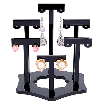 Opaque Acrylic T-Bar Riser Earring Display Stands, with Flower Base, for 6 Pairs Earring Displays, Black, 5.3~9.85x3.45~8.8x0.4cm, Hole: 1.8mm, 6pcs/set
