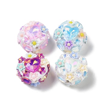Polymer Clay Rhinestone Beads, with Resin, Flat Round with Heart, Mixed Color, 25.5x26x17mm, Hole: 1.6mm