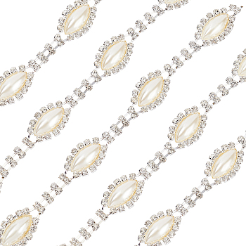 2 Yards Iron & Brass Rhinestone Cup Chains, with Pearl Beads, Horse Eye, Silver, 16.5x23.5x6.7mm, 6.7x3.6x3mm