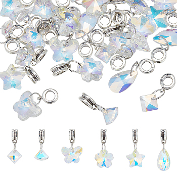 30Pcs 6 Style AB Color Plated Facted Glass Pendants, with Alloy Findings, Butterfly & Flower & Star & Teardrop & Rhombus & Fan Charms, Clear AB, 21~28mm, Hole: 4.6mm, 5Pcs/style