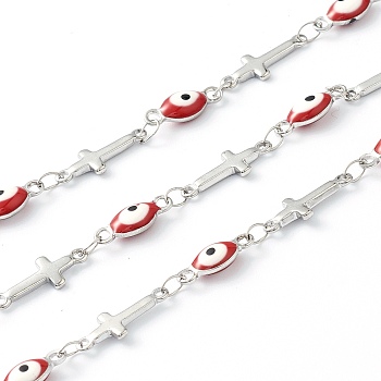 304 Stainless Steel Enamel  Link Chains, Oval Evil Eye & Cross, Unwelded, with Spool, Stainless Steel Color, Red, Evil Eye: 11x4x3mm, Cross: 14x5x1mm, 16.4 Feet(5m)/roll