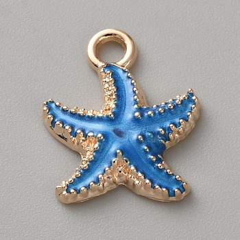 Zinc Alloy Enamel Pendants, Golden, Starfish Charm, Steel Blue, 18x15x3mm, Hole: 2.3mm