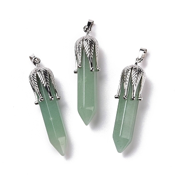 Natural Green Aventurinee Big Pendants, with Platinum Tone Brass Findings, Cadmium Free & Lead Free, Bullet with Leaf, 53.5~57x14~15x14~15mm, Hole: 7x4mm