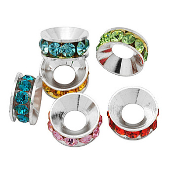 Brass Rhinestone Spacer Beads, Grade A, Rondelle, Silver Color Plated, Mixed Color, 10x4.2mm, Hole: 5.2~5.7mm