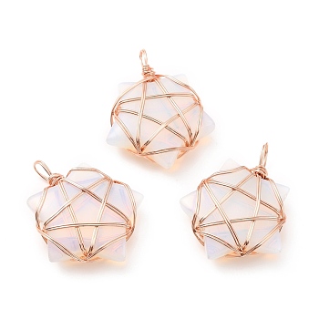 Opalite Pendants, with Rose Gold Tone Copper Wire Wrapped, Cadmium Free & Lead Free, Star, 37~41x29~31x9~11mm, Hole: 4.5~6mm