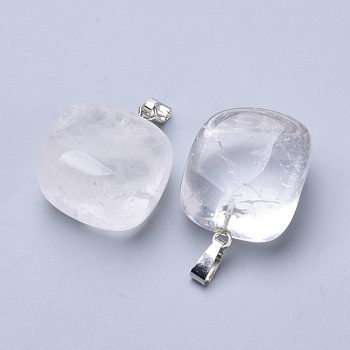 Natural Quartz Crystal Pendants, with Platinum Tone Alloy Finding, Cube, 24~27x20~24x14~16mm, Hole: 5x2.5mm