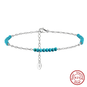 925 Sterling Silver Dapped Chain Anklet, Synthetic Turquoise Beads Anklet, Real Platinum Plated, 8-1/2 inch(21.7cm)