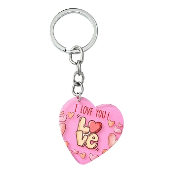 Valentine's Day Acrylic Keychain, with Iron Ring, Heart with Love, Pink, 9.1cm