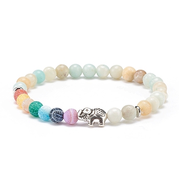 Natural Amazonite & Agate Round Beaded Stretch Bracelet with Alloy Elephant, Gemstone Jewelry for Women, Inner Diameter: 2-1/8 inch(5.5cm)
