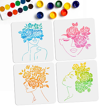4Pcs 4 Styles PET Hollow Out Drawing Painting Stencils, for DIY Scrapbook, Photo Album, Women Pattern, 300x300mm, 1pc/style