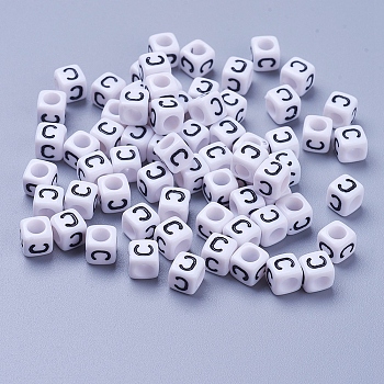 Pandahall 50g Opaque Acrylic Horizontal Hole Letter Beads, Cube, Letter C, 6x6x6mm, Hole: 3.2mm
