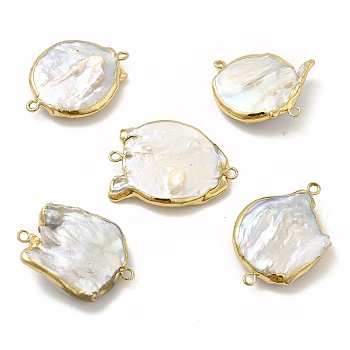 Baroque Natural Keshi Pearl Connector Charms, Flat Round Links, with Brass Double Loops, Light Gold, 28~32x21~26x5~7mm, Hole: 1.6~1.8mm