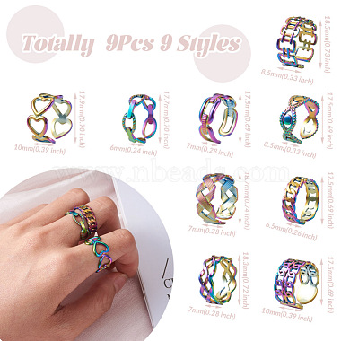 Mega Pet 9Pcs 9 Styles Rainbow Color 304 Stainless Steel Cuff Rings(RJEW-MP0001-01)-2