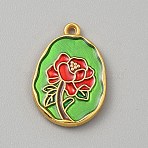Alloy Enamel Pendants, Oval with Flower, Golden, Lime Green, 23x16x3mm, Hole: 1.5mm(FIND-WH20032-61H)