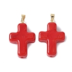 Handmade Lampwork with Brass Pendants, Cross, Red, 29.5x19.5x7.5mm, Hole: 3.5x4.5mm(LAMP-I030-01G-04)