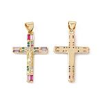 5Pcs Rack Plating Brass Micro Pave Cubic Zirconia Pendants,  Cadmium Free & Nickel Free & Lead Free, Real 18K Gold Plated, Crucifix Cross Charm, Colorful, 28x18x2mm, Hole: 5x3.5mm(ZIRC-SZ0004-95)