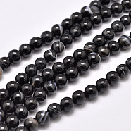 Natural Striped Agate/Banded Agate Bead Strands, Dyed & Heated, Round, Grade A, Black, 10mm, Hole: 1.2mm, about 38pcs/strand, 14.7 inch(37.3cm)(G-G962-10mm-12-A)