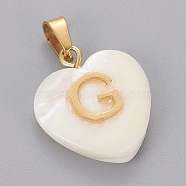 Shell Pendants, with 304 Stainless Steel Findings, Heart with Letter, Golden, Letter.G, 23.5x20x7mm, Hole: 3.5x7mm(STAS-F210-17G-G)