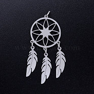 201 Stainless Steel Pendants, with Jump Rings, Woven Net/Web with Feather, Stainless Steel Color, 46x20x1mm, Hole: 3mm, Ring: 5x0.8mm(STAS-S105-JN354-1)
