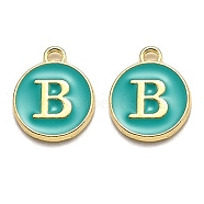 Golden Plated Alloy Enamel Charms, Enamelled Sequins, Flat Round with Alphabet, Letter.B, Green, 14x12x2mm, Hole: 1.5mm(X-ENAM-Q437-15B)