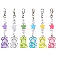 Transparent Acrylic Bear Star Pendant Decoraton, Alloy Lobster Claw Clasps Charms, for Backpack Keychain Ornaments, Mixed Color, 64mm, 6pcs/set(HJEW-JM02025)