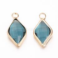 Glass Pendants, with Brass Findings, Faceted, Rhombus, Nickel Free, Raw(Unplated), Steel Blue, 18x10x4.5mm, Hole: 2mm(GLAA-S150-023)