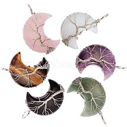 6Pcs 6 Style Natural & Synthetic Gemstone Tree of Life Wire Wrapped Pendants, with Platinum Brass Findings, Crescent Moon, 1pc/style(G-SZ0001-66)
