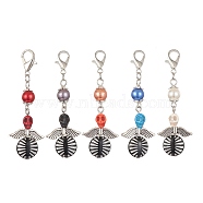 Dyed Synthetic Turquoise Skull Pendant Decorations, with Flat Round Acrylic Beads and Wing Tibetan Style Alloy Beads, Zinc Alloy Lobster Claw Clasps, Mixed Color, 63mm(HJEW-JM01179)