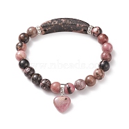 Natural Rhodonite Beads Charm Bracelets, Heart, 2-1/4 inch(56mm)(BJEW-K164-B07)