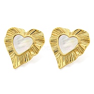 304 Stainless Steel Heart Stud Earrings, with Natural Shell, Real 14K Gold Plated, 26x25mm(EJEW-M233-20G)