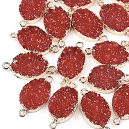 Electroplate Druzy Resin Links connectors, with Iron Findings, Oval, Light Gold, Red, 26~27x13x5~6mm, Hole: 1mm(RESI-S366-08D)