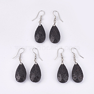 Natural Lava Rock Dangle Earrings, with Brass Findings, teardrop, Faceted, Platinum, 45~49mm, Pin: 0.7mm, Pendant: 24~26x13x6~7mm(EJEW-P150-A010)