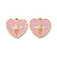 Ion Plating(IP) 316L Surgical Stainless Steel Pendants, with Enamel, Real 18K Gold Plated, Heart with Bee Charm, Pink, 14.5x15x1.5mm, Hole: 1.4mm(STAS-D035-19G)