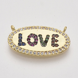 Brass Micro Pave Cubic Zirconia Pendants, Oval with Word Love, Nickel Free, Colorful, Real 18K Gold Plated, 12.5x24x2mm, Hole: 1mm(ZIRC-Q022-024G-NF)
