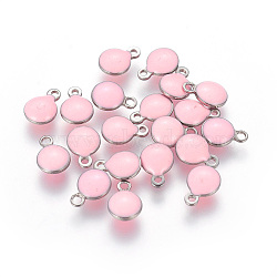 304 Stainless Steel Enamel Charms, Enamelled Sequins, Flat Round, Stainless Steel Color, Pink, 13.5x10x3.5~4mm, Hole: 1.4mm(STAS-O122-D-07P)
