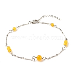 Natural Dyed White Jade & Malaysia Jade Anklets for Women, 304 Stainless Steel Satellite Chains Anklets, Gold, 9-7/8 inch(25cm)(AJEW-AN00476-03)