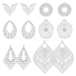 36Pcs 6 Styles Kite Round Teardrop 304 & 201 Stainless Steel Chandelier Component Links, Etched Metal Embellishments, Stainless Steel Color, 27~59.5x25~40x0.2~0.3mm, Hole: 1.2~1.8mm, 6pcs/style(STAS-UN0057-15)