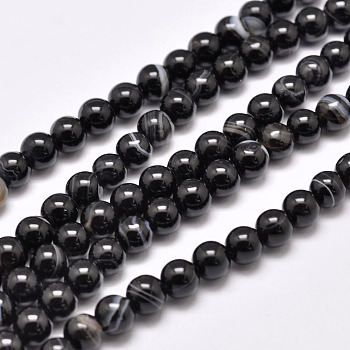 Natural Striped Agate/Banded Agate Bead Strands, Dyed & Heated, Round, Grade A, Black, 10mm, Hole: 1.2mm, about 38pcs/strand, 14.7 inch(37.3cm)