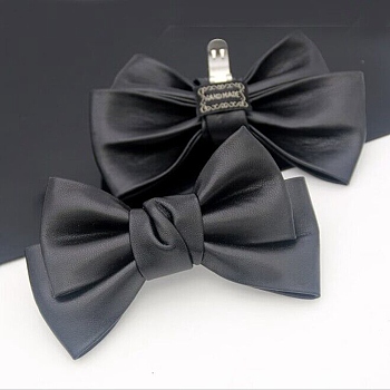 Leather Bowknot Shoe Decorations, Detachable Shoe Buckle Clips, with Iron Findings, Black, 75x116x30mm