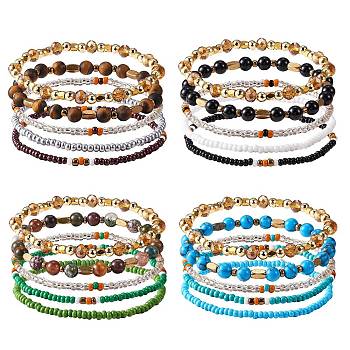 4 Set 4 Style Gemstone Mixed Beaded Stretch Bracelets Set, Glass Seed Stackable Bracelets for Women Girls, Inner Diameter: 2-1/8~2 1/4 inch(5.3~5.6cm), 5pcs/set