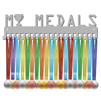 Fashion Iron Medal Hanger Holder Display Wall Rack, 20 Hooks, with Screws, Trophy, Silver, 103x400mm