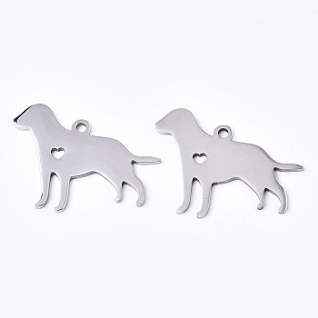 304 Stainless Steel Pendants, Silhouette Charms, Laser Cut, Dog, Stainless Steel Color, 23x31x1.5mm, Hole: 2mm