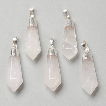 Natural Quartz Crystal Pendants, Rock Crystal Pendants, with Silver Brass Findings, Faceted, Bullet, 40x12x11mm, Hole: 7x5mm