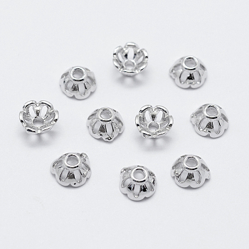 6-Petal Brass Caps, Long-Lasting Plated, Real Platinum Plated, Nickel Free, Flower, 5.5x3mm, Hole: 1mm