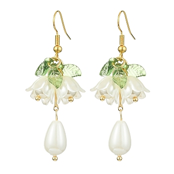 Natural Pearl & Acrylic Flower Dangle Earrings, Alloy Earrings, White, 50~54x20mm