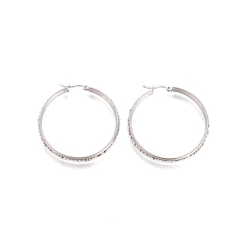 304 Stainless Steel Geometric Hoop Earrings for Women, with Crystal Glass Rhinestone, Ring, Stainless Steel Color, 44x6mm, Pin: 1x0.6mm