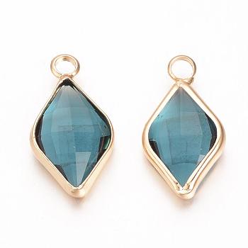 Glass Pendants, with Brass Findings, Faceted, Rhombus, Nickel Free, Raw(Unplated), Steel Blue, 18x10x4.5mm, Hole: 2mm